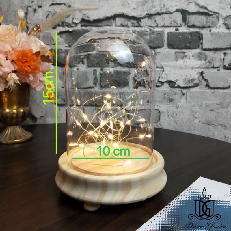 Preserved Flower Dome Clear Glass Cloche Display Dome with LED Wooden Base High Quality