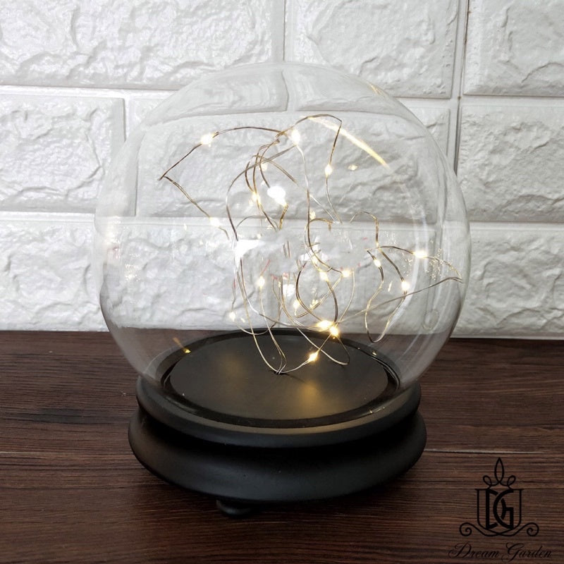 Preserved Flower Dome Clear Glass Cloche Display Dome with LED Wooden Base High Quality