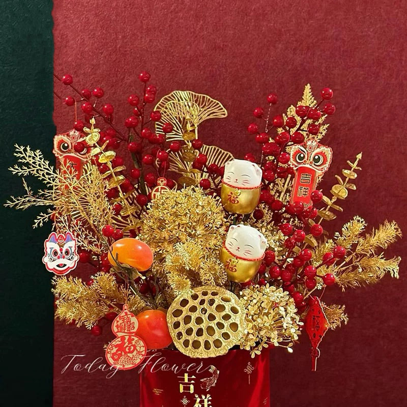 CNY flower accessories attract fortune cat Cai Shen | DreamGarden SG