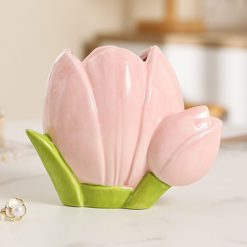 🇸🇬[SG Stock]Tulip ceramic flower vase, living room flower arrangement, flower Pot, makeup pen storage bucket
