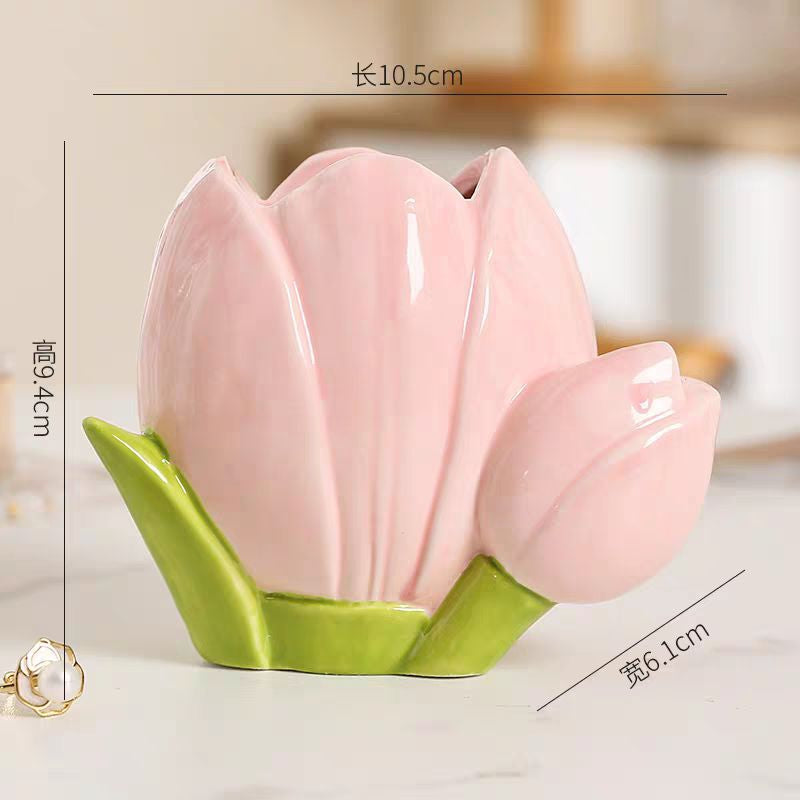 🇸🇬[SG Stock]Tulip ceramic flower vase, living room flower arrangement, flower Pot, makeup pen storage bucket