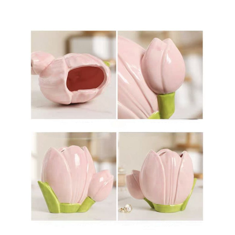 🇸🇬[SG Stock]Tulip ceramic flower vase, living room flower arrangement, flower Pot, makeup pen storage bucket