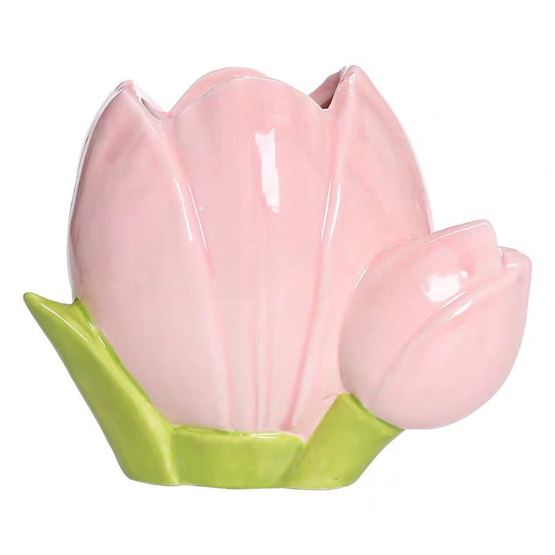 🇸🇬[SG Stock]Tulip ceramic flower vase, living room flower arrangement, flower Pot, makeup pen storage bucket