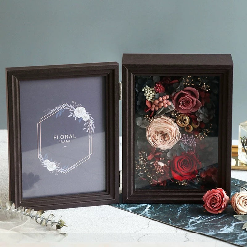 [SG stock ]Folding Photo Frame, Wooden photo frames decorated with dried flowers, preserved flower frame